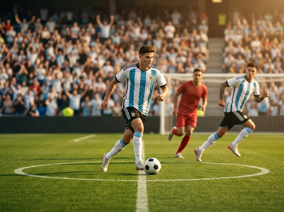 Lionel Messi mit dem WM-Pokal in den Händen feiert mit der argentinischen Mannschaft
