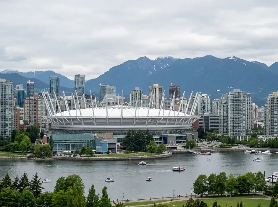 BC Place Stadion in Vancouver mit der charakteristischen weissen Dachkonstruktion und der Innenstadt im Hintergrund
