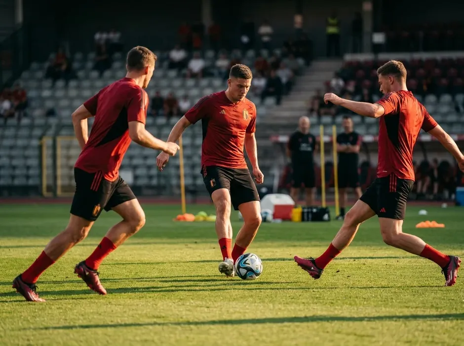 Belgische Nationalspieler im roten Trikot vor einem WM-2026-Gruppenspiel