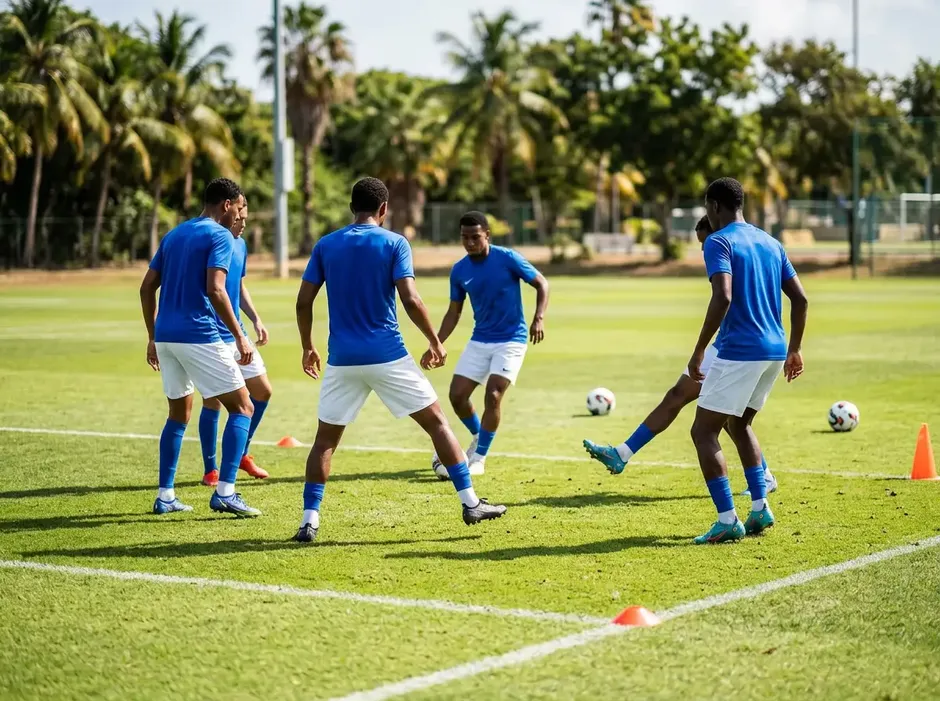 Spieler der curaçaoischen Nationalmannschaft im blauen Trikot vor der WM-2026-Premiere
