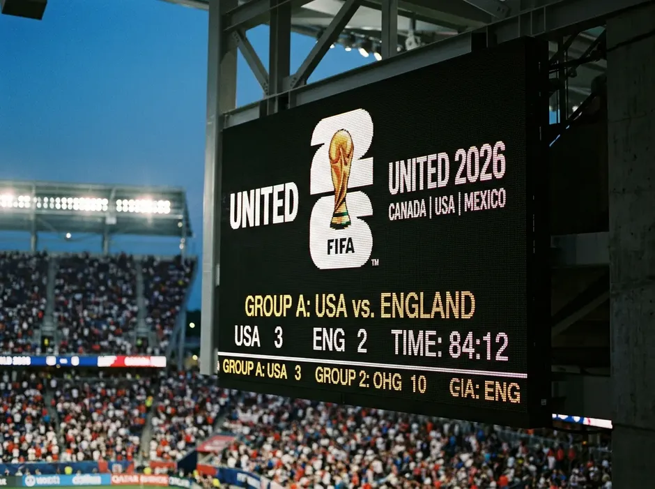 Detailaufnahme einer Stadionanzeigetafel mit FIFA-WM-2026-Schriftzug während eines Testspiels