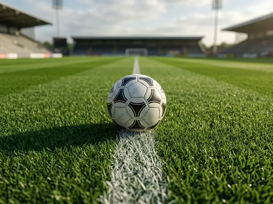 Detailaufnahme eines gepflegten Fussball-Rasens mit weisser Mittellinie und Spielball