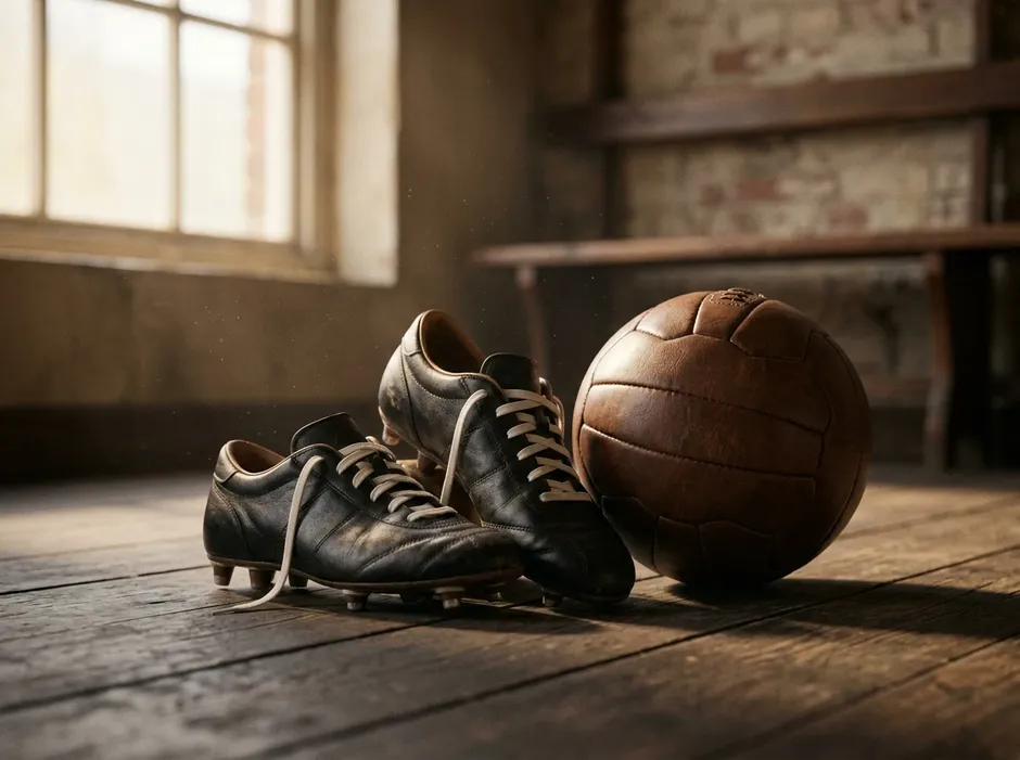 Klassische Lederfussballschuhe und ein traditioneller Fussball auf einem alten hölzernen Untergrund