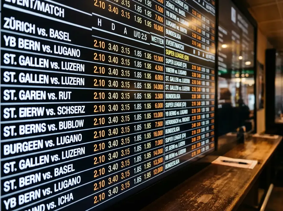 Detailaufnahme einer Quotentafel mit verschiedenen Sportwetten-Begriffen und Dezimalquoten