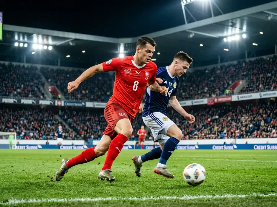 Granit Xhaka im roten Dress der Schweizer Nationalmannschaft beim Pressing in einem WM-Qualifikationsspiel