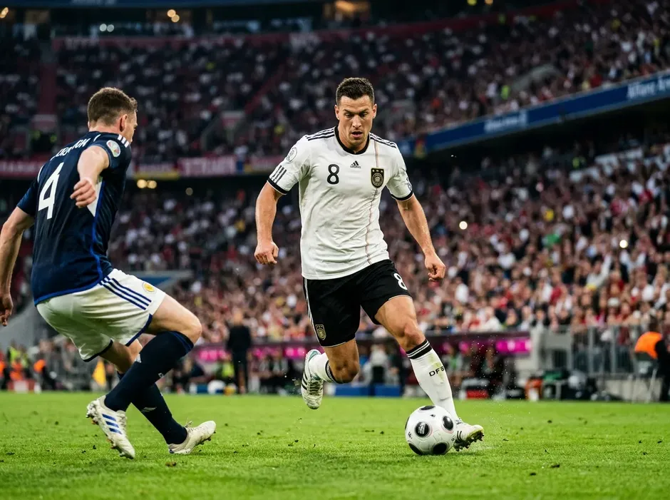Jamal Musiala im schwarzen DFB-Trikot beim Dribbling mit dem Ball gegen einen Gegenspieler