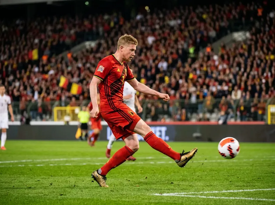 Kevin De Bruyne im roten Trikot Belgiens beim Passspiel gegen einen Gegenspieler