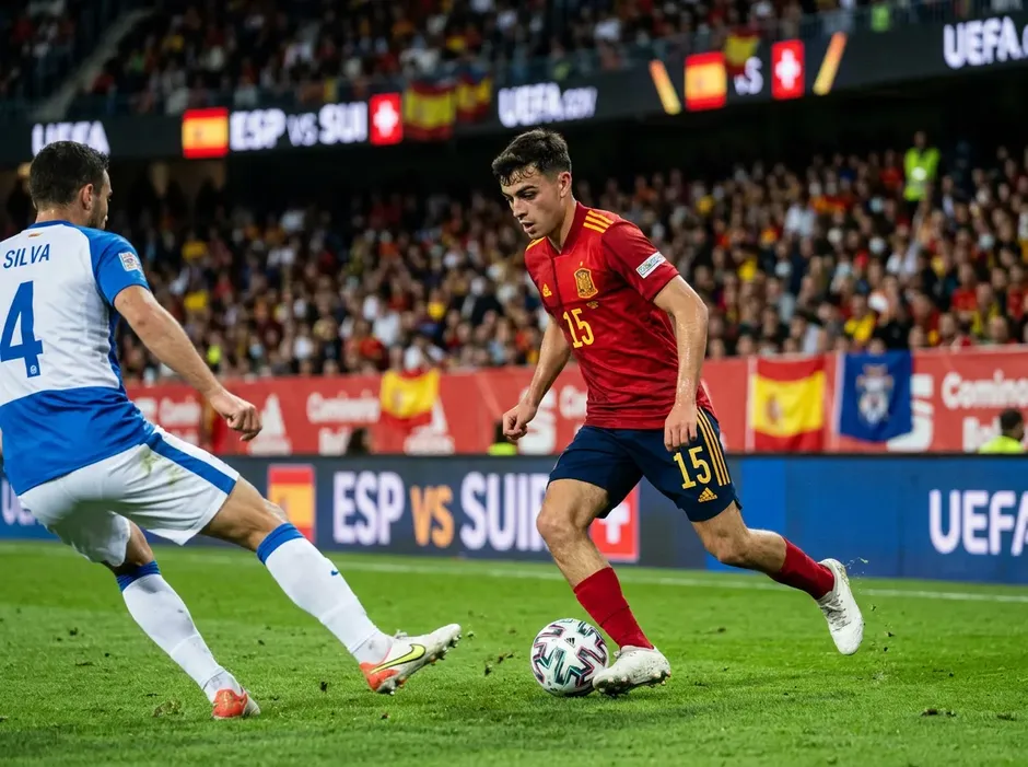 Lamine Yamal im roten Spanien-Trikot beim Dribbling gegen einen Gegenspieler