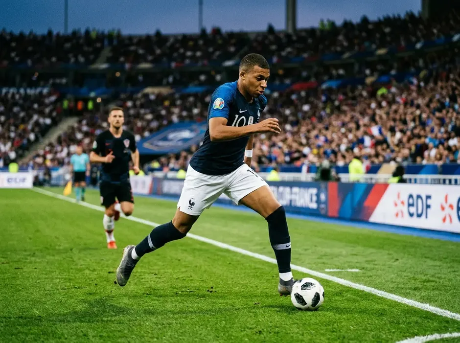 Kylian Mbappé im blauen Trikot Frankreichs beim Sprint mit dem Ball