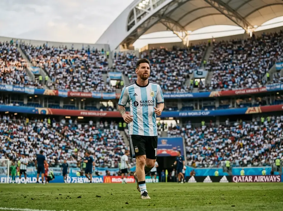 Lionel Messi im hellblau-weissen Trikot Argentiniens beim Aufwärmen vor einem Länderspiel