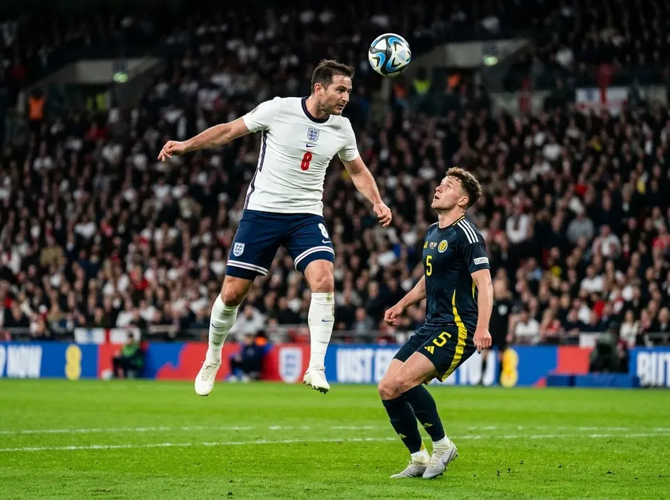 Jude Bellingham im weissen Dress Englands beim Kopfballduell in einem Länderspiel vor der WM 2026