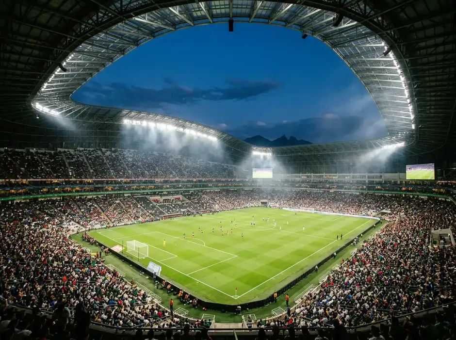 Ausverkauftes Fussballstadion in der Abenddämmerung vor dem Anpfiff eines WM-Spiels 2026
