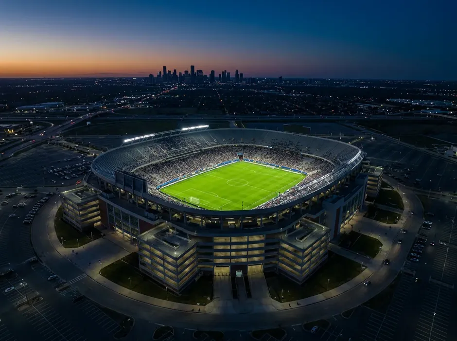 Luftaufnahme eines grossen amerikanischen Football- und Fussballstadions in der Abenddämmerung mit beleuchtetem Spielfeld