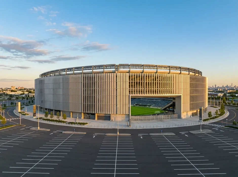 Aussenansicht des MetLife Stadiums in East Rutherford, New Jersey, mit der grossen Stadionfassade
