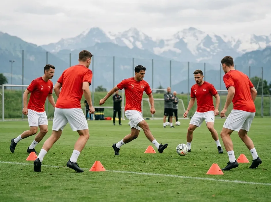 Spieler der Schweizer Fussballnationalmannschaft in roten Trikots beim Mannschaftstraining vor der WM