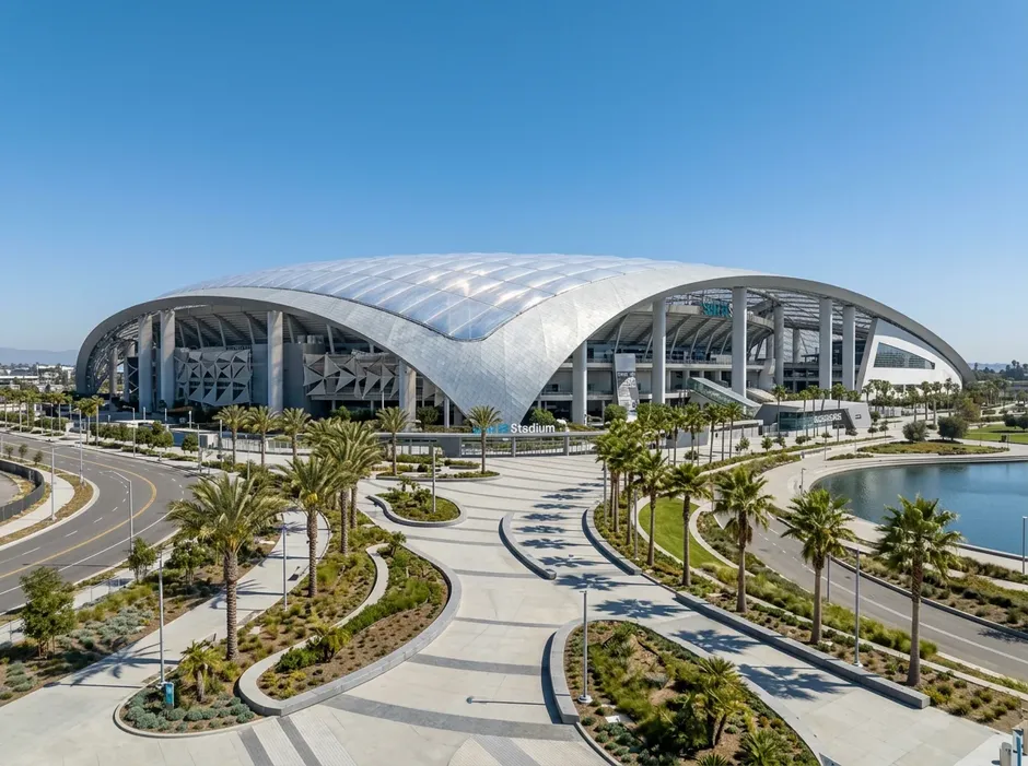 Aussenansicht des SoFi Stadiums in Inglewood mit der futuristischen, halbdurchsichtigen Dachkonstruktion