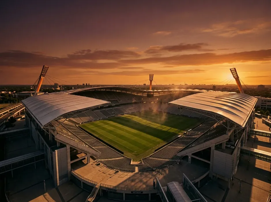 Sonnenuntergang über einem WM-Stadion mit Flutlicht und Hitzeflimmern über dem Rasen