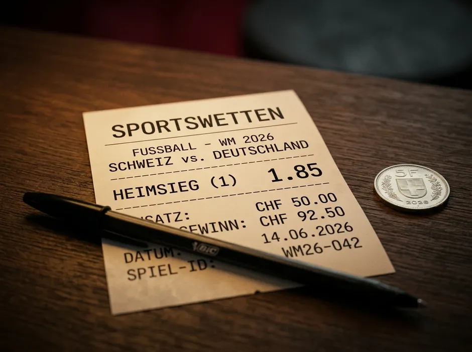 Sportwetten-Schein zur Fussball-Weltmeisterschaft 2026 mit Dezimalquoten und Schweizer Franken-Einsatz