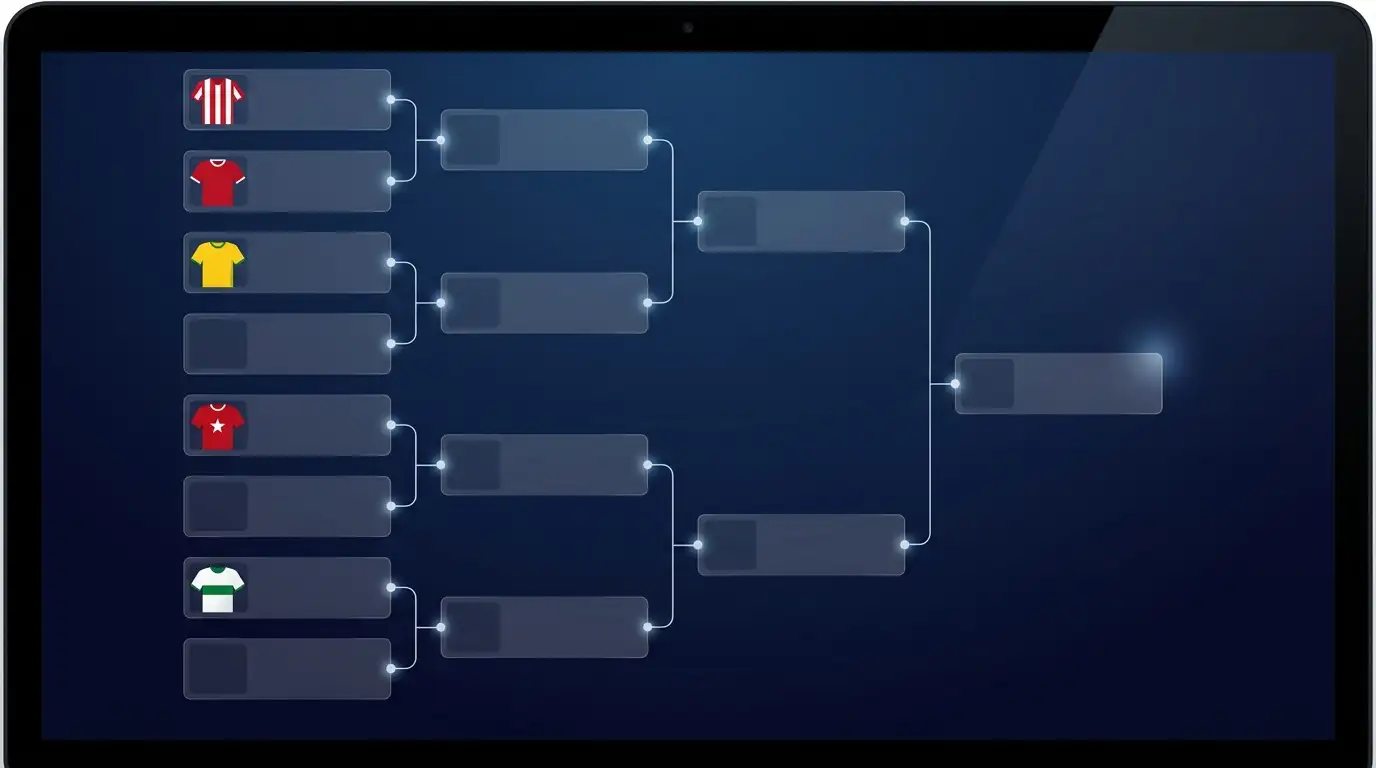 Schematische Darstellung des WM-2026-Bracket-Aufbaus mit den vier qualifizierten Achtelfinal-Teilnehmern