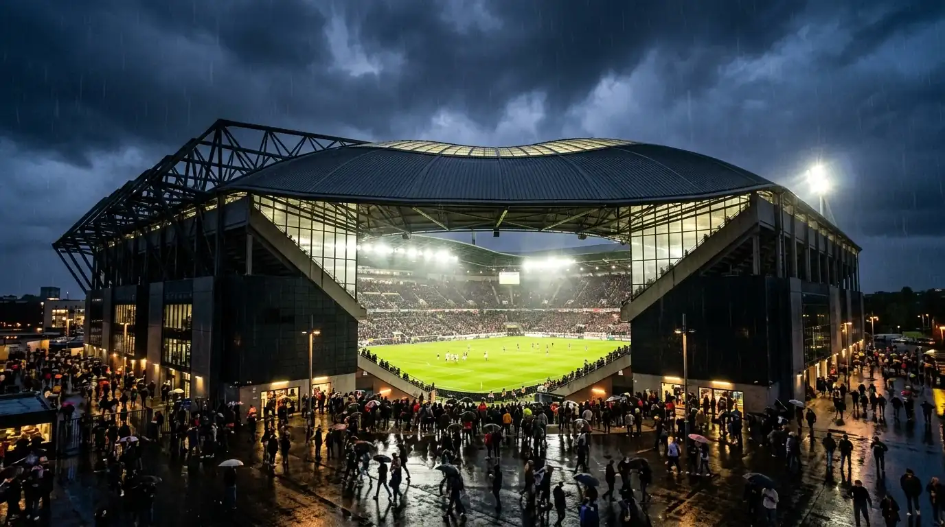 Grosses Fussballstadion mit markantem geschlossenem Dach bei Flutlicht