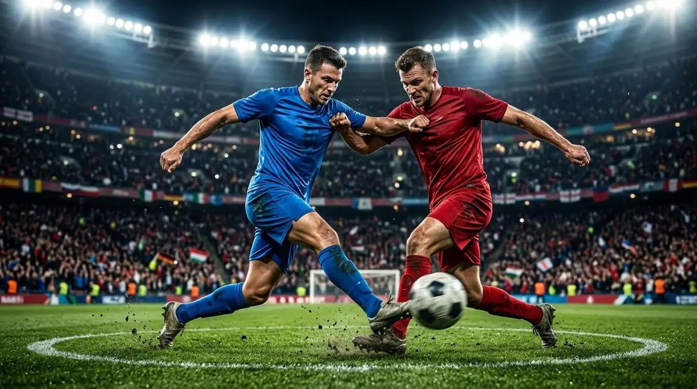 Zwei Spitzenfussballer in blauen und roten Trikots im Zweikampf im hell erleuchteten Stadion