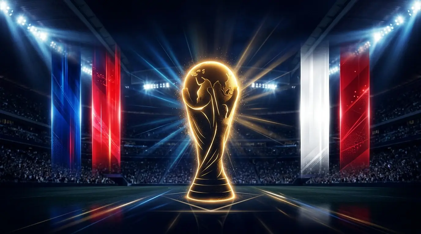 Übersichtsgrafik der vier WM-2026-Halbfinalisten mit Pokal