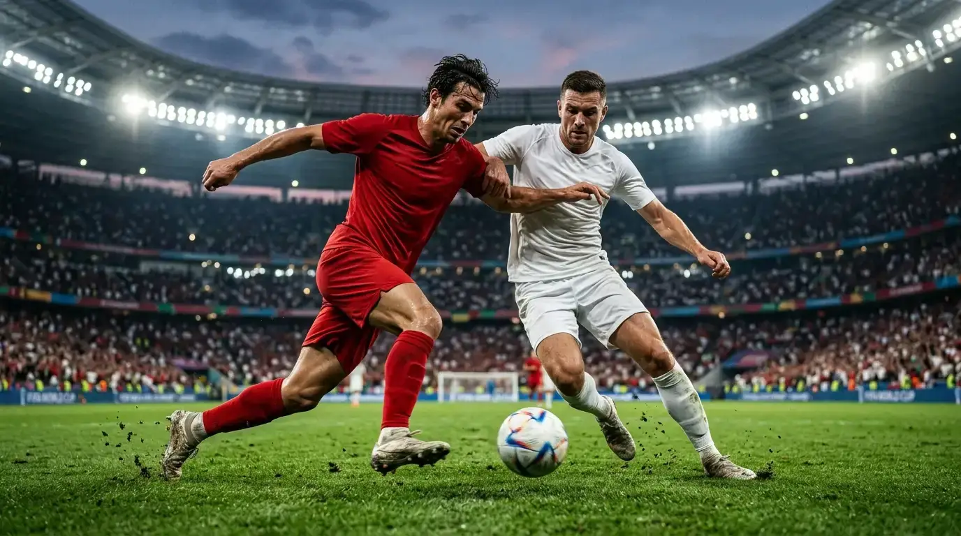 Zwei gegnerische Nationalspieler im Zweikampf während eines WM-Viertelfinals