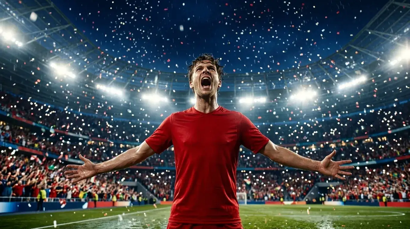 Belgischer Spieler feiert ein spätes Tor im hell erleuchteten Stadion
