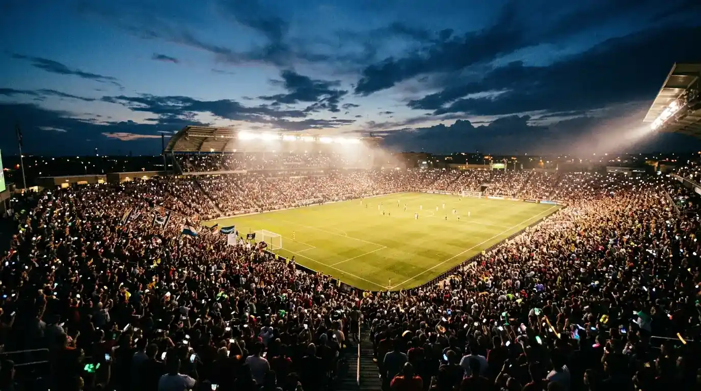 Grossaufnahme eines vollen offenen Fussballstadions bei Flutlicht in der Nacht
