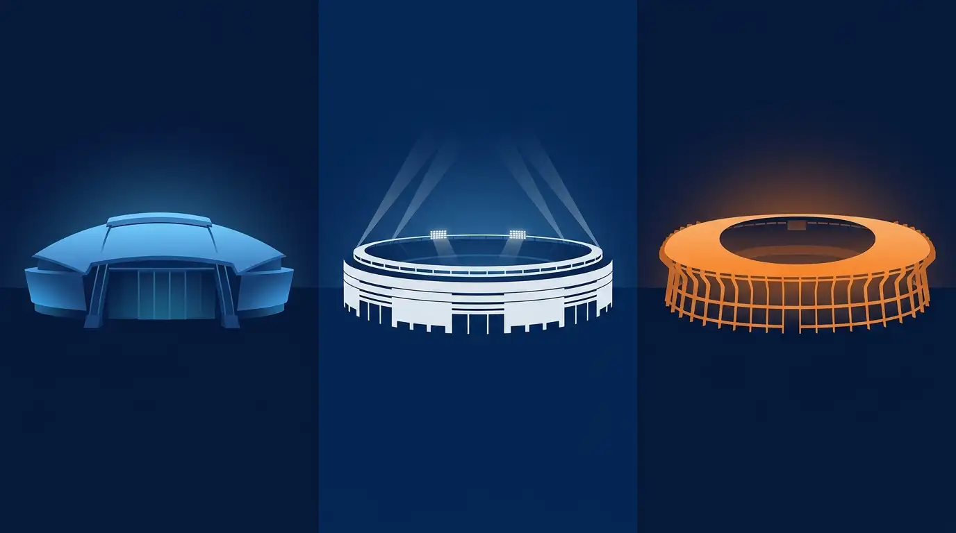 Drei WM-2026-Stadien — AT&T Stadium, MetLife Stadium und Estadio Azteca — Symbolbild für den Sechzehntelfinal-Tag